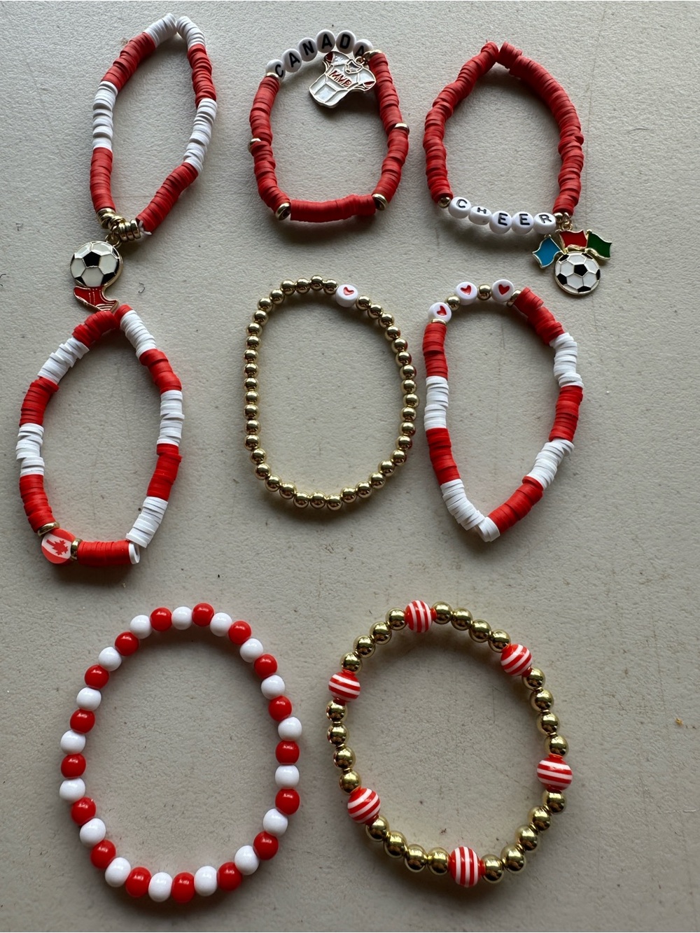 Kids Red & White Soccer Charm Beaded Bracelet Set